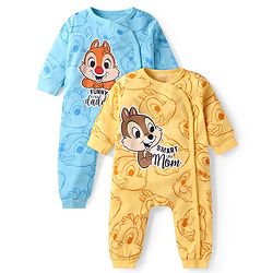 Babyhug Disney Interlock Knit Full Sleeves Front Open Rompers with Chip n Dale Graphics Pack of 2 - Light Blue & Yellow
