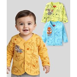 Babyhug Disney Interlock Knit Full Sleeves Front Open Jhablas With Chip N Dale Graphics Pack Of 3 - Blue & Yellow
