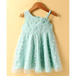 Babyhug Woven Sleeveless Party Frock With Floral Print & Bow Applique - Aqua Blue