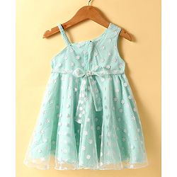 Babyhug Woven Sleeveless Party Frock With Floral Print & Bow Applique - Aqua Blue