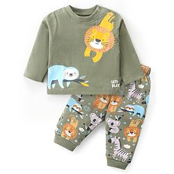 Babyhug Cotton Knit Full Sleeve Night Suit with Animals Print - Olive Green
