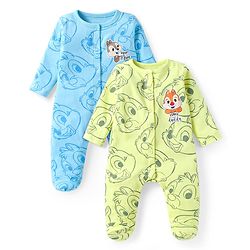 Babyhug Disney Interlock Knit Full Sleeves Footed Sleepsuits With Chip N Dale Print Pack Of 2 -  Light Blue Green