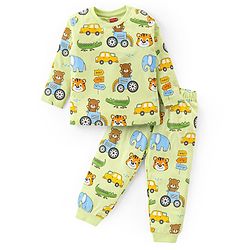 Babyhug Cotton Knit Full Sleeves Night Suit with Vehicle Print - Green