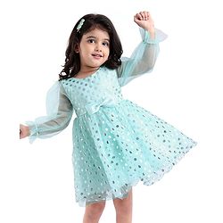 Babyhug Woven Full Peasant Sleeves Fit & Flared Party Frock with Foil Polka Dots Print & Bow Applique - Light Blue