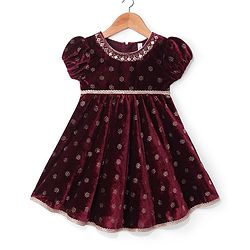 Babyhug Woven Velvet Puffed Sleeves Foil Printed Embroidered Ethnic Dress - Maroon