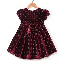 Babyhug Woven Velvet Puffed Sleeves Foil Printed Embroidered Ethnic Dress - Maroon