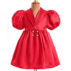 Babyhug Woven Half Puffed Sleeves Fit & Flared Solid Colour Collared Party Frock with Applique  - Red