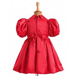 Babyhug Woven Half Puffed Sleeves Fit & Flared Solid Colour Collared Party Frock with Applique  - Red