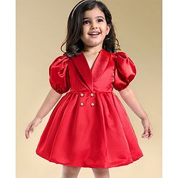 Babyhug Woven Half Puffed Sleeves Fit & Flared Solid Colour Collared Party Frock with Applique  - Red