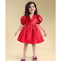 Babyhug Woven Half Puffed Sleeves Fit & Flared Solid Colour Collared Party Frock with Applique  - Red
