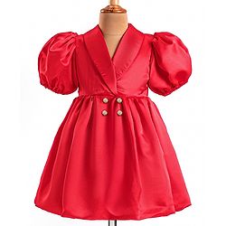 Babyhug Woven Half Puffed Sleeves Fit & Flared Solid Colour Collared Party Frock with Applique  - Red