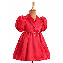 Babyhug Woven Half Puffed Sleeves Fit & Flared Solid Colour Collared Party Frock with Applique  - Red