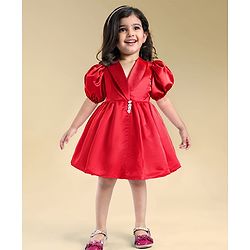 Babyhug Woven Half Puffed Sleeves Fit & Flared Solid Colour Collared Party Frock with Applique  - Red