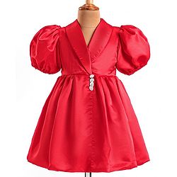 Babyhug Woven Half Puffed Sleeves Fit & Flared Solid Colour Collared Party Frock with Applique  - Red