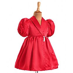 Babyhug Woven Half Puffed Sleeves Fit & Flared Solid Colour Collared Party Frock with Applique  - Red