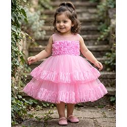 Babyhug Woven Sleeveless Fit & Flared Layered Textured Party Dress with Floral Applique - Pink