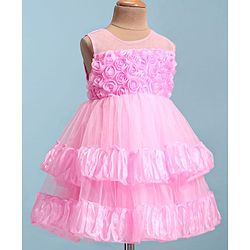 Babyhug Woven Sleeveless Fit & Flared Layered Textured Party Dress with Floral Applique - Pink