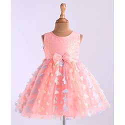 Babyhug Woven Full Sleeves Party Frock With Sequin Embroidery & Floral & Butterfly Applique - Pink