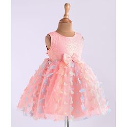 Babyhug Woven Full Sleeves Party Frock With Sequin Embroidery & Floral & Butterfly Applique - Pink