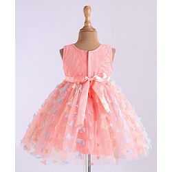Babyhug Woven Full Sleeves Party Frock With Sequin Embroidery & Floral & Butterfly Applique - Pink
