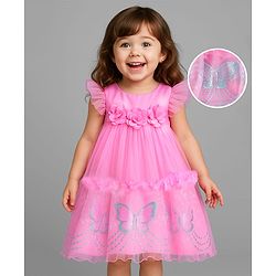 Babyhug Woven Frill Sleeves A Line Party Frock with Butterfly Embroidery & Floral Applique - Pink