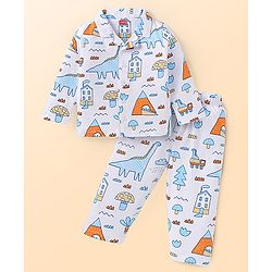 Babyhug Cotton Woven Full Sleeves Night Suit with Dino Print - White