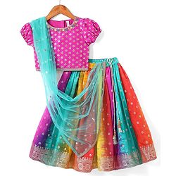 Babyhug Short Sleeves Floral Embroidered Pattu Pavada Lehenga Choli Set With Dupatta - Pink Orange & Yellow