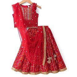 Babyhug Woven Sleeveless Bandhani Print & Mirror Embroidered Choli Lehenga Set with Dupatta & Lace Detailing - Red