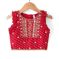Babyhug Woven Sleeveless Bandhani Print & Mirror Embroidered Choli Lehenga Set with Dupatta & Lace Detailing - Red