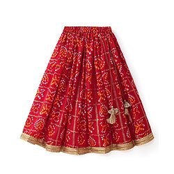 Babyhug Woven Sleeveless Bandhani Print & Mirror Embroidered Choli Lehenga Set with Dupatta & Lace Detailing - Red