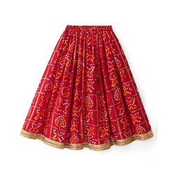 Babyhug Woven Sleeveless Bandhani Print & Mirror Embroidered Choli Lehenga Set with Dupatta & Lace Detailing - Red