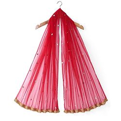 Babyhug Woven Sleeveless Bandhani Print & Mirror Embroidered Choli Lehenga Set with Dupatta & Lace Detailing - Red