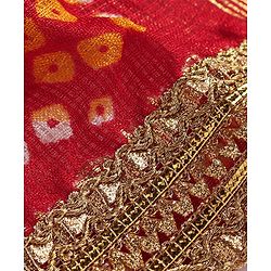 Babyhug Woven Sleeveless Bandhani Print & Mirror Embroidered Choli Lehenga Set with Dupatta & Lace Detailing - Red