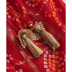 Babyhug Woven Sleeveless Bandhani Print & Mirror Embroidered Choli Lehenga Set with Dupatta & Lace Detailing - Red