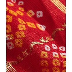Babyhug Woven Sleeveless Bandhani Print & Mirror Embroidered Choli Lehenga Set with Dupatta & Lace Detailing - Red