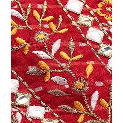 Babyhug Woven Sleeveless Bandhani Print & Mirror Embroidered Choli Lehenga Set with Dupatta & Lace Detailing - Red