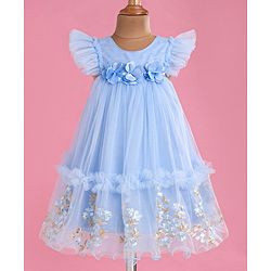 Babyhug Woven Sleeveless Fit and Flare Party Frock with Corsage Applique & Floral Embroidery Detailing - Light Blue