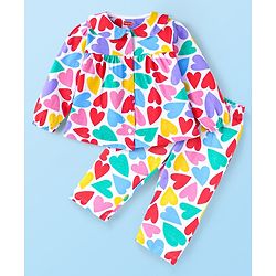 Babyhug Cotton Knit Full Sleeves Peter Pan Collared Front Open Night Suit With Hearts Print - White