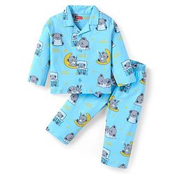 Babyhug Cotton Knit Full Sleeves Front open Night Suit With Koala Print - Light Blue