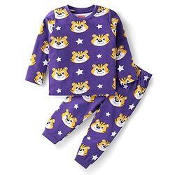 Babyhug Cotton Knit Full Sleeves Night Suit With Tiger Print - Purple