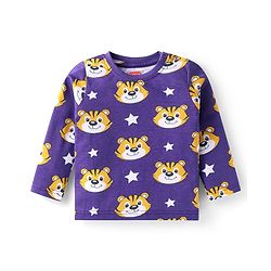 Babyhug Cotton Knit Full Sleeves Night Suit With Tiger Print - Purple