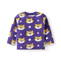 Babyhug Cotton Knit Full Sleeves Night Suit With Tiger Print - Purple
