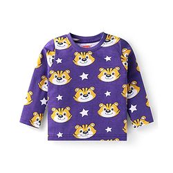 Babyhug Cotton Knit Full Sleeves Night Suit With Tiger Print - Purple