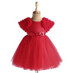 Babyhug Woven Half Ruffle At Sleeves Shimmered Fit & Flared Party Frock with Bow Applique - Red