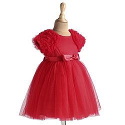 Babyhug Woven Half Ruffle At Sleeves Shimmered Fit & Flared Party Frock with Bow Applique - Red