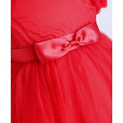 Babyhug Woven Half Ruffle At Sleeves Shimmered Fit & Flared Party Frock with Bow Applique - Red
