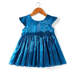 Babyhug Woven Cap Sleeves Fit & Flared Solid Colour Party Dress with Bow Applique - Navy Blue