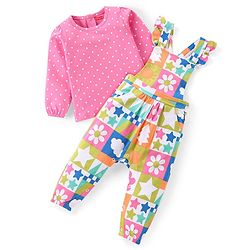 Babyhug Single Jersey Knit Dungaree & Full Sleeves T-Shirt Set Polka Dots Print - Pink