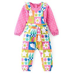 Babyhug Single Jersey Knit Dungaree & Full Sleeves T-Shirt Set Polka Dots Print - Pink