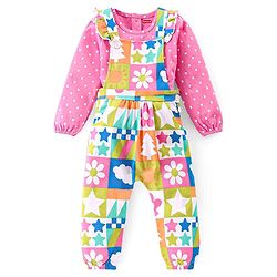 Babyhug Single Jersey Knit Dungaree & Full Sleeves T-Shirt Set Polka Dots Print - Pink